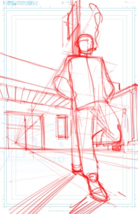 Title Page Sketch Leaning on Sign